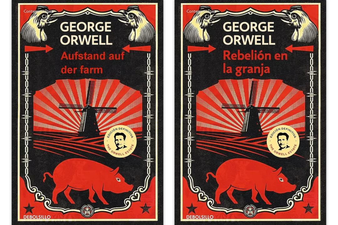 Portada del libro Rebelión en la granja de George Orwell en castellano y alemán